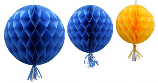 Honeycomb Ball Whit Tassel gul/blå 3-P